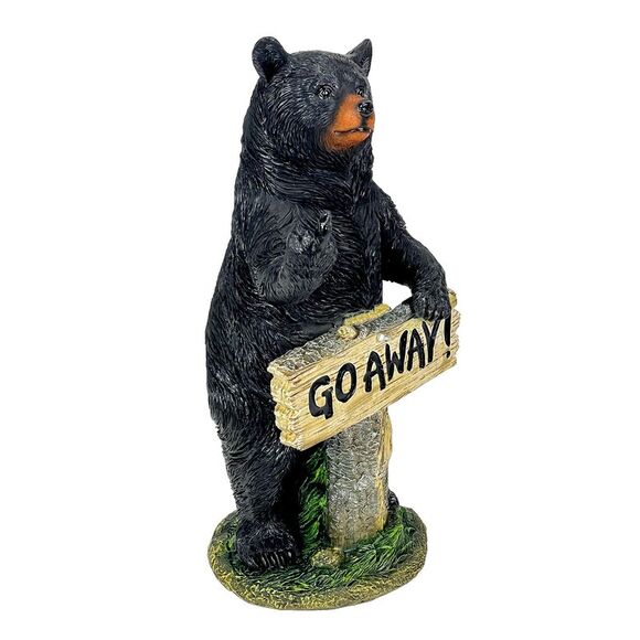 Rude Black Bear Statue with Go Away Sign 15 Resin Outdoor Garden Cabin Decor